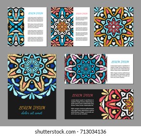 Embroidery style flyer set with bright colorful mandala. Ethnic ornamental blank. Oriental design concept. Eastern collection. EPS 10 vector. Clipping masks