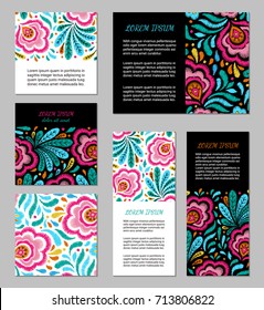 Embroidery style flyer set with bright colorful flower and leaf pattern. Ethnic ornamental blanks. Rustic design brochure collection. EPS 10 vector. Clipping masks