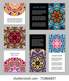 Embroidery style flyer set with bright colorful mandala. Ethnic ornamental blank. Oriental design concept. Eastern collection. EPS 10 vector. Clipping masks