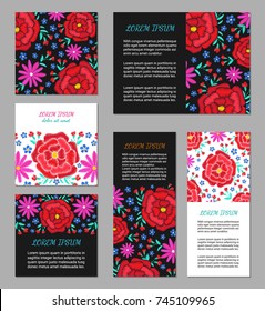 Embroidery style flyer set with bright colorful flower and leaf pattern. Ethnic ornamental blanks. Rustic design brochure collection. EPS 10 vector. Clipping masks