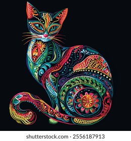 Embroidery style ornamental beautiful hand drawn cat with green eyes and folkloric floral ethnic ornaments. Decorative modern cute kitten on black background. Vector patterned cat image illustration.