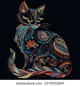 Embroidery style ornamental beautiful hand drawn cat with  folkloric floral ethnic lines ornaments. Decorative modern embroidered cat on black background. Vector patterned cat image illustration.