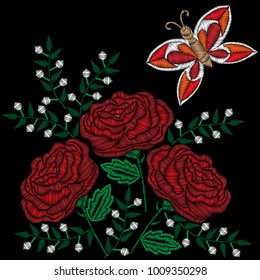 Embroidery style red rose and white flowers with butterfly stitches imitation. Vector embroidery rose and little flower on black background. Embroidery flower.