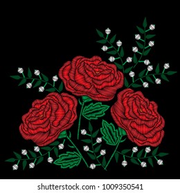 Embroidery style red rose and white flowers stitches imitation. Vector embroidery rose and little flower on black background. Embroidery flower.