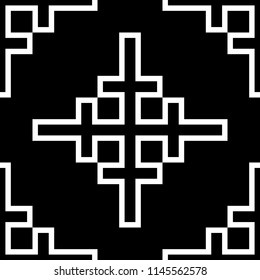 Embroidery style seamless pattern. Ethnic and tribal motif. Spanish ornament. Linear abstract background. Repated lines and figures geometric tile. Digital paper, textile print, web design. Vector art