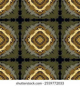 Embroidery style tribal ethnic seamless pattern with zigzag, dashed lines, doodles, hatches. Repeated ornamental stitch textured vector background with hatched lines, stripes. Endless grunge texture.