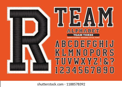 An embroidery style university or sports team font. This alphabet has shiny 3d thread effects similar to a sports cap or jacket