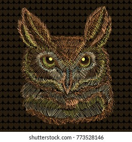 Embroidery style vector illustration of the wild owl.