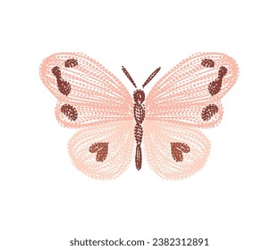 embroidery style vector line illustration of moth butterfly and hearts in brown and salmon colors with white background