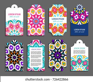 Embroidery style vertical tag set with colorful mandala. Front and back pages. Label collection. Bright floral ornamental blanks. EPS 10 vector concept illustration. Clipping masks
