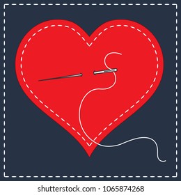 Embroidery stylization with stitches. A vector illustration of stitched heart, needle with thread. Background for Valentines day, marriage or betrothal