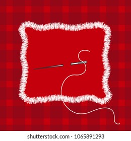 Embroidery stylization with stitches. A vector illustration of stitched tartan cloth piece and needle with thread