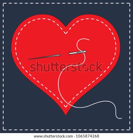 Embroidery stylization with stitches. A vector illustration of stitched heart, needle with thread. Background for Valentines day, marriage or betrothal