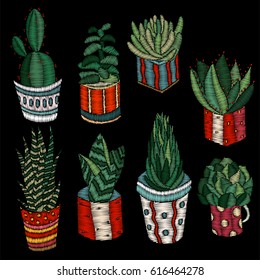 Embroidery succulents, cactus and pots. Set of hand drawn doodles design elements. Black background.  Colorful floral folk pattern.