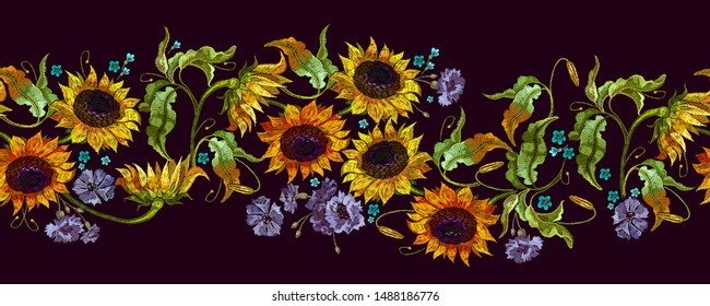 Embroidery summer blue flowers and yellow sunflowers horizontal seamless pattern. Fashion colorful template for clothes, tapestry, t-shirt design 