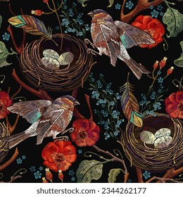 Embroidery. Summer fashion template for clothes, textiles and t-shirt design. Garden art. Botanical illustration. Seamless pattern. Birds, nest and red roses flowers