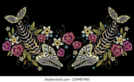 Embroidery summer flowers and skeleton of fish, sea art seamless pattern. Fashionable template for design of clothes, t-shirt design. Embroidery fish bone and flowers, gothic art background 