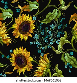 Embroidery summer flowers and sunflower fashion seamless pattern. Colorful template for clothes, tapestry, t-shirt design 