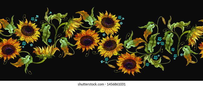 Embroidery summer flowers and sunflower horizontal seamless pattern. Fashion colorful template for clothes, tapestry, t-shirt design 