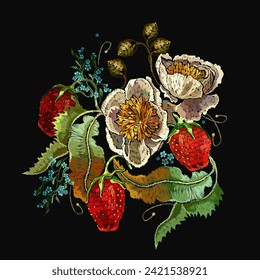 Embroidery. Summer garden style. Yellow peonies flowers, meadow herbs and strawberry berries. Fashion template for clothes, tapestry, t-shirt design