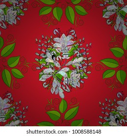 Embroidery summer seamless pattern. Fashionable template for design of clothes, design.Vector. Classical september embroidery autumn leaves, acorns wild forest. Leaves on red, green and neutral colors