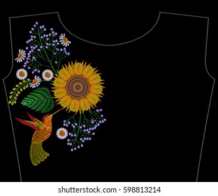 Embroidery sunflower with hummingbird, wildflowers, summer chamomile for neckline. Vector fashion embroidered floral ornament, fancywork pattern for textile, fabric traditional folk decoration.