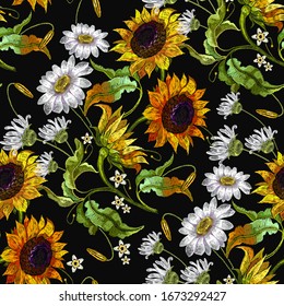 Embroidery sunflower and white daisies, camomile flowers. Summer seamless pattern. Fashion colorful template for clothes, tapestry, t-shirt design 