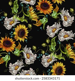 Embroidery sunflower and white daisies, camomile flowers. Fashion colorful template for clothes, tapestry, t-shirt design. Summer seamless pattern