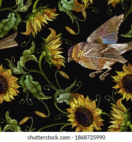 Embroidery Sunflowers And Birds Seamless Pattern. Fashion Yellow Summer Flowers, Template For Clothes, Tapestry, T-shirt Design 