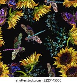 Embroidery sunflowers, butterflies and dragonflies seamless pattern. Fashion yellow summer flowers, template for clothes, tapestry, t-shirt design