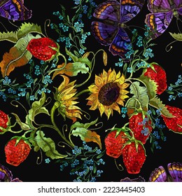 Embroidery sunflowers, butterflies and strawberry berries seamless pattern. Fashion template for clothes, tapestry, t-shirt design