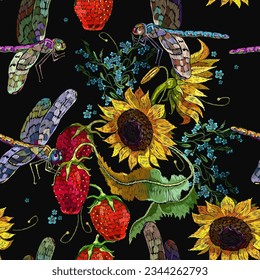 Embroidery sunflowers, dragonflies and strawberry berries seamless pattern. Fashion template for clothes, tapestry, t-shirt design. Summer art style