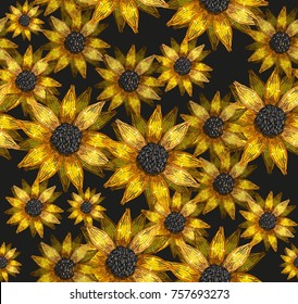 Embroidery sunflowers flowers seamless pattern. Classical embroidery bouquet of sunflowers fashion art pattern. Template for clothes, textiles, t-shirt design