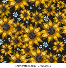 Embroidery sunflowers flowers seamless pattern. Template for clothes, textiles, t-shirt design. Classical embroidery bouquet of sunflowers fashion art pattern