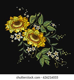 Embroidery sunflowers, flowers vector. Beautiful bouquet sunflowers embroidery template for clothes 