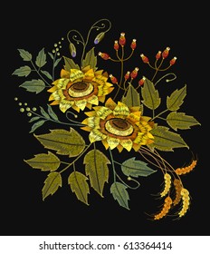 Embroidery sunflowers, flowers, wheat. Beautiful bouquet sunflowers embroidery template for clothes 