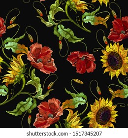 Embroidery sunflowers and red poppies flowers seamless pattern. Fashion template for clothes, tapestry. Summer floral art