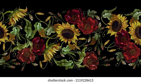 Embroidery sunflowers and red poppies flowers. Garden botanical art. Horizontal seamless pattern. Summer fashion template for clothes, tapestry, t-shirt design