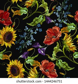 Embroidery sunflowers, violet flowers and red poppies seamless pattern. Fashion template for clothes, tapestry, t-shirt design 