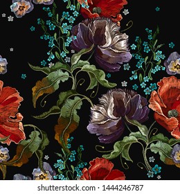 Embroidery sunflowers, violet flowers and red poppies seamless pattern. Fashion template for clothes, tapestry, t-shirt design 