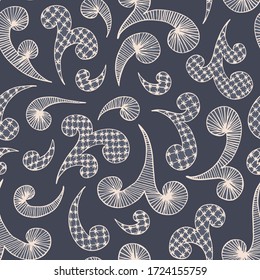 Embroidery Swirls Lace Needlework Vector Seamless Pattern. Hand Drawn Traditional Neutral Grey Backrgound Needlepoint Print. Classic Feminine Craft Linen Background For Fashion, Textiles, Home Decor