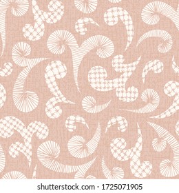 Embroidery Swirls Lace Needlework Vector Seamless Pattern. Hand Drawn Traditional Neutral Beige Needlepoint Print. Classic Feminine Craft Linen Background For Fashion, Textiles, Home Decor