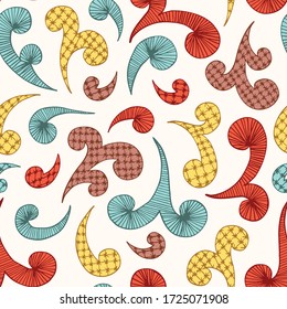 Embroidery Swirls Lace Needlework Vector Seamless Pattern. Hand Drawn Traditional Colorful Backbround Needlepoint Print. Cute Craft Linen Background For Fashion, Textiles, Home Decor