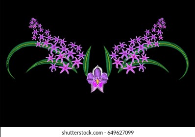  Embroidery symmetrical tropical flowers and orchid and leaves for clothes.
