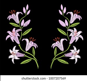 Embroidery symmetrical white lily flowers. Floral pattern.