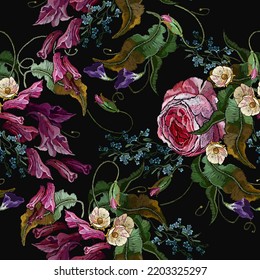 Embroidery. Template for design of clothes, tapestry. Garden art. Pink roses, meadows herbs and white apple flowers. Fashion seamless pattern