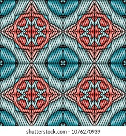 Embroidery texture with geometric ornament. Pattern for surface design, textiles, printing, wallpaper, web design, Identity