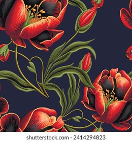 Embroidery textured beautiful blossom red tulips seamless pattern. Ornamental tapestry floral vector background. Embroidered surface tulip flowers leaves ornaments. Endless embroidering texture.