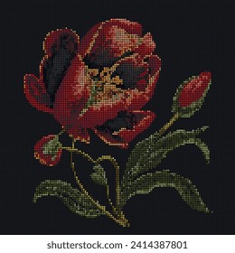 Embroidery textured beautiful blossom tulip flowers pattern. Vector floral background illustration. Tapestry blooming tulips flowers ornament. Embroidered texture. Pixel art mosaic design with squares