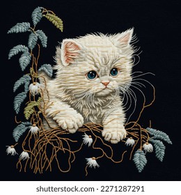 Embroidery textured cute white kitten with blue eyes. Embroidered floral vector background illustration with white cat. Beautiful decorative pattern for applique, decoupage, diy, print, home decor.